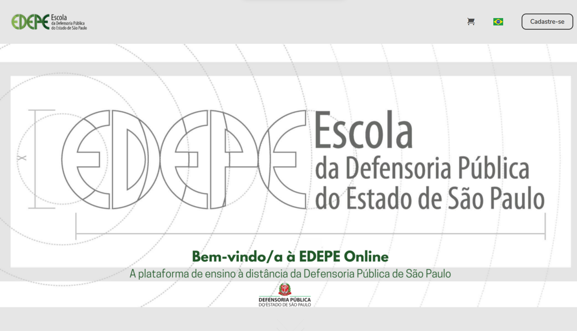 Reprodução da página de abertura da plataforma da Escola da Defensoria Pública do Estado de São Paulo. Contém os dizeres: 'Bem-vindo à Edepe Online' e 'a plataforma de ensino à distância da Defensoria Pública de São Paulo'.