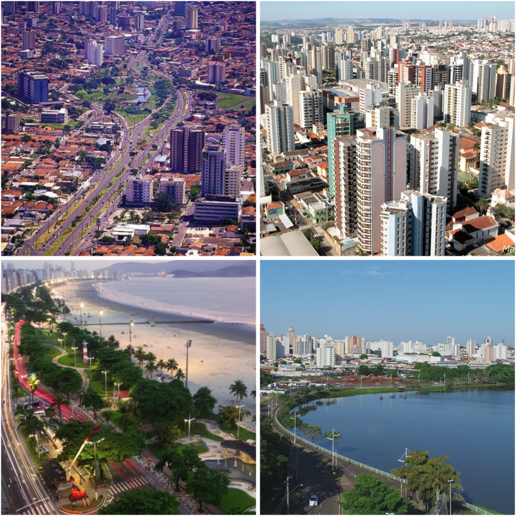A colagem em formato de quadrado mostra imagens aéreas de quatro cidades: Bauru, Ribeirão Preto, Sao José do Rio Preto e Santos. 