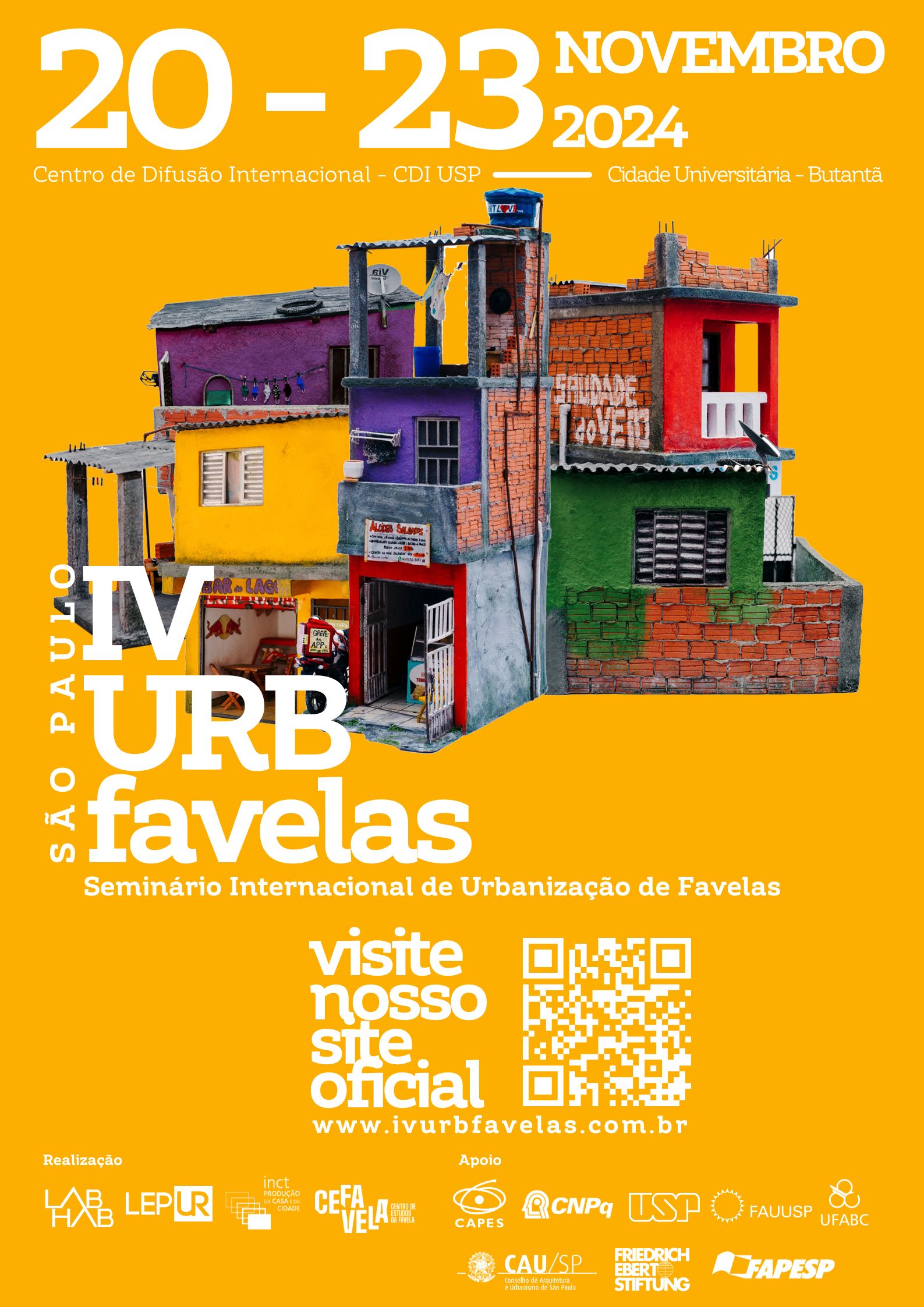 #PraCegoVer Cartaz com fundo mostarda apresenta as seguintes informações: IV URBFavelas – Seminário Internacional de Urbanização de Favelas Dias 20 a 23 de novembro de 2024 São Paulo – SP www.ivurbfavelas.com.br/ 