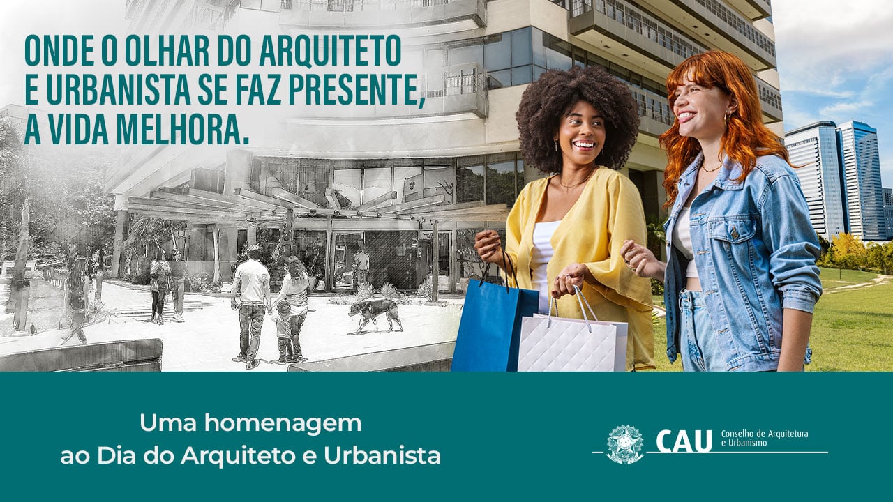 #PraCegoVer
A imagem é uma homenagem ao Dia do Arquiteto e Urbanista. No topo da imagem, há um texto em letras maiúsculas que diz: "ONDE O OLHAR DO ARQUITETO E URBANISTA SE FAZ PRESENTE, A VIDA MELHORA." Abaixo deste texto, há uma montagem que combina uma fotografia de duas pessoas caminhando com sacolas de compras e uma ilustração de um ambiente urbano com várias pessoas e um cachorro. No canto inferior direito, há o logotipo do Conselho de Arquitetura e Urbanismo (CAU) e o texto: "Uma homenagem ao Dia do Arquiteto e Urbanista."